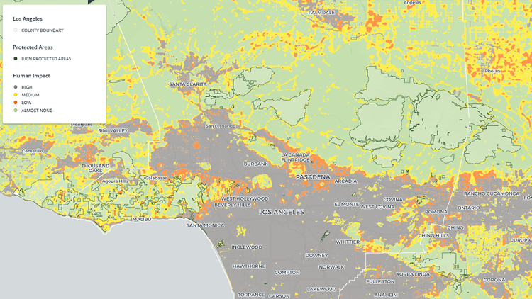 Overview map of LA County and surrounding area assessing levels of human impact and protected areas