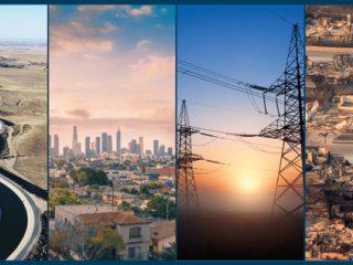 A collage of four images including an aqueduct, the LA skyline, power lines, and destruction from the Palisades fire.